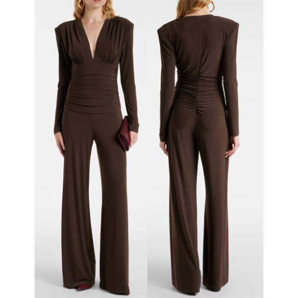NWOT Norma Kamali Ruched Jersey V-Neck Wide Leg Jumpsuit Chocolate Size S/36 - Picture 1 of 7
